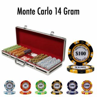 500 Monte Carlo 14g Clay Poker Chips Set Black Aluminum Case - Pick Chips
