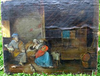 Antique Baroque Flamish School Oil Painting On Canvas " Religious Scene " 1600 Ca