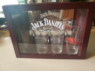 Jack Daniels Family Of Fine Whiskeys Wood Mirror Display Case With Glasses