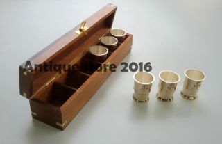 Nautical Designer Marine Solid Brass 6 Shot Glasses Set Wood Box Gift