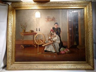 Oil Painting - Signed Clara Rhorig 1893 Woman Spinning Yarn