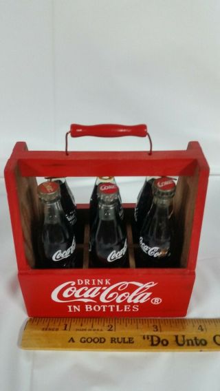 Wooden Coca Cola 6 Pack Carrier With 6 - 3in.  Minature Coca Cola Bottles