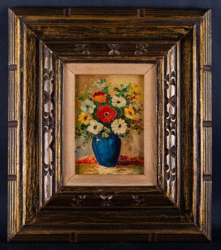 American Listed Artist Elio Camacho Small Oil Painting " Flowers In Vase "