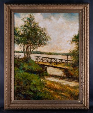 Large Early 20th Century Impressionist Oil Painting " Small Bridge " Signed