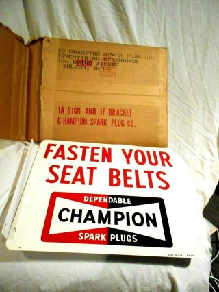 Vtg 1968 Champion Spark Plug " Fasten Your Seat Belts " Porcelain Flange Sign Nos