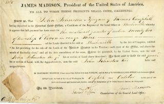 James Madison Hand Signed Land Grant Steubenville,  Oh
