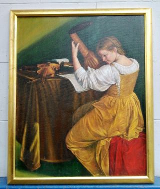 Antique European Painting Oil On Canvas With Frame In Golden Leaf