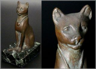Bos130 Japanese Old Bronze Cat Ornament Stone Pedestal Art Deco Okimono Neko