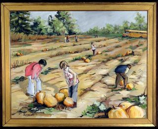Rare Ca.  1970 Halloween Pumpkins Picking Painting Oil/canvas/frame Signed