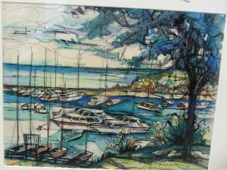 Fine Signed Mid Century Modernist Watercolor Painting Harbor Scene 1950s Mcm