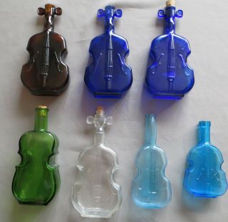 Vintage Glass Violin Cello Figural Bottles: Cobalt Blue,  Clear,  Brown (7)