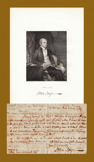 John Jay First Chief Justice Ofthe Supreme Court.  Letter Re Leaving Paris For Ny