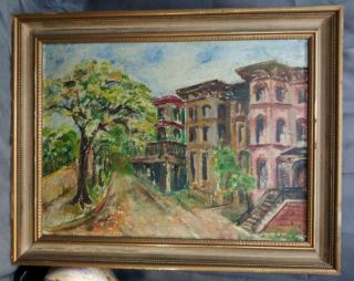 Antique Vintage Oil Painting Row Houses American Landscape Cityscape