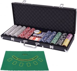 500 Jetton Poker Chips Dices Cards Blackjack Table Mat W Aluminum Case Set Black