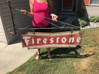 Vintage Metal Double Sided Firestone Bowtie Sign With Hanging Bracket