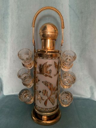 Vintage Mid Century Modern Gold Liquor Dispenser Caddy With (6) Shot Glasses