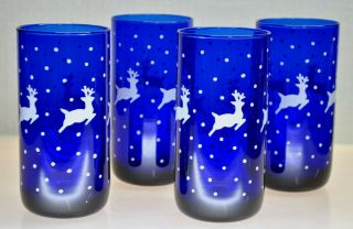 Vintage Libbey Cobalt Blue Highball - Tumbler Glasses Reindeer In Snow (set Of 4)
