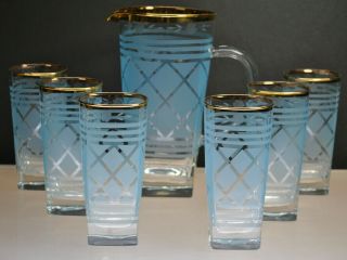 Vintage Frosted Blue Cocktail Set (pitcher & 6 Highball Glasses) Gold Rims