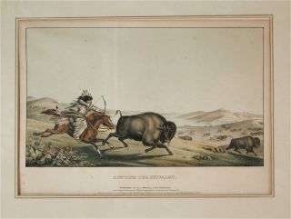 1837 Hunting Buffalo Western Americana Mckenney & Hall Folio Lithograph Print