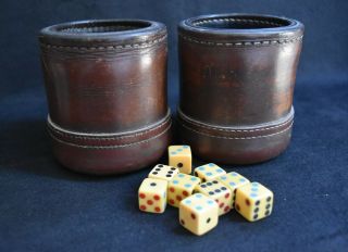 2 Vintage,  Heavy,  Stitched Brown Leather Dice Cups/9 Vintage Dice