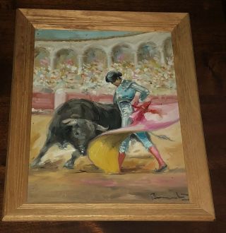 Mid Century Bullfighting Painting Signed By Artist Bullfight Torero Framed Art