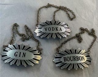 Vtg Set 3 Art Deco Liquor Tags Black Enamel On Chrome Vodka Gin Bourbon Barware
