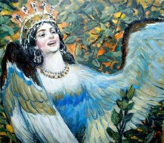 Russian Art Nouveau Symbolism Oil Painting Sign Viktor Vasnetsov,  " Sirin " 1896