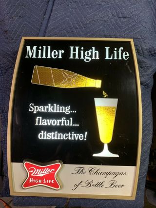 Vintage 1960s Miller High Life Pouring Beer Bottle Motion Lighted Sign Rare