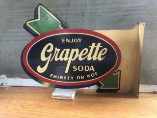 1940’s Grapette Soda Sign Flange Tin Arrow Die Cut Thirsty “rare” Stout Gas Oil