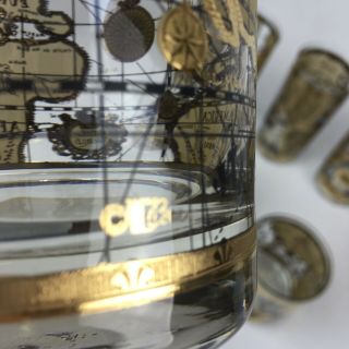 Vtg Cora Cera Old World Nautical Map Gold Bar Glasses 6 Hi - Ball and 4 Low - Ball 6