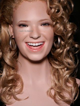 Smiling Female Mannequin Wig Bust Blue Glass Eyes