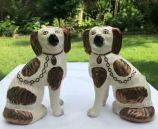 Pair Staffordshire Dogs Spaniels Copper Luster 19th Century Open Legs 7 " High