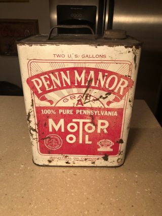 Vintage (2) Two Gallon Penn Manor Motor Oil Can Warren Pennsylvania Pa Rare