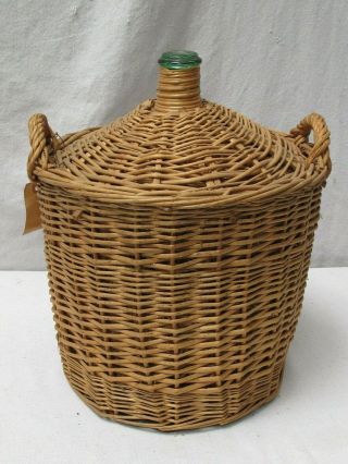 Antique French Green Glass Demijohn Wine Bottle In Wicker Basket 18 " Tall