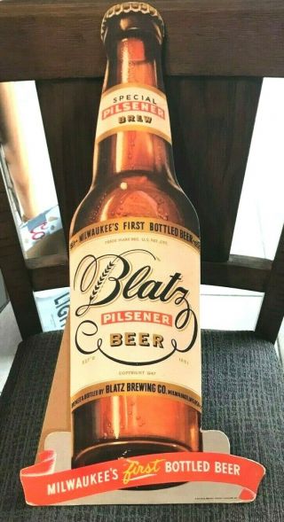 Vintage Blatz Beer Bottle Shaped Die Cut Cardboard Stand Up Sign Milwaukee Wi