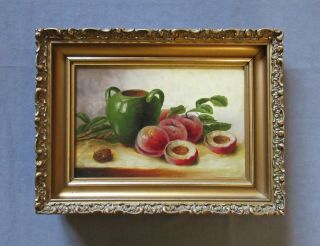 Antique 19th Century Oil Still - Life Painting Of Peaches And Pottery