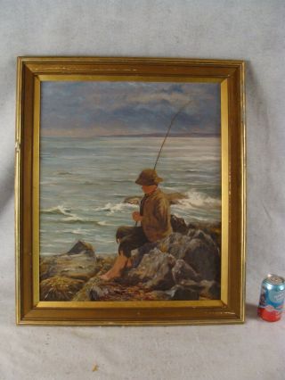 Antique 19c Winslow Homer Style Boy Fishing Oil Painting