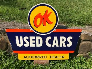 " Ok Cars " Large,  Heavy,  Double Sided Porcelain Dealer Sign,  36 " X 28 ",