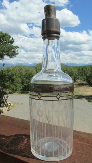 Very Rare Antique Engraved & Silver Inlaid Liquor Back Bar Bottle & Shot Glass
