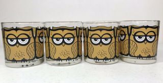 Vintage Mid Century Owl Low Ball Drinking Glasses Set Of 4 Signed M Petti Euc