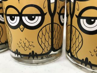 Vintage Mid Century Owl Low Ball Drinking Glasses Set of 4 Signed M Petti EUC 2