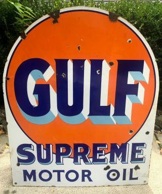 Vtg Double Sided Gulf Supreme Motor Oil Tombstone Porcelain Gas Station Sign