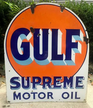 Vtg Double Sided Gulf Supreme Motor Oil Tombstone Porcelain Gas Station Sign 2