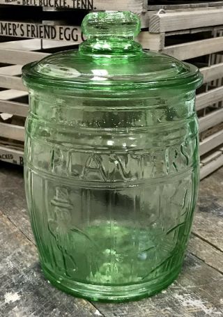 Planters " Running " Mr.  Peanut Emerald Green Counter Container Glass Barrel Jar