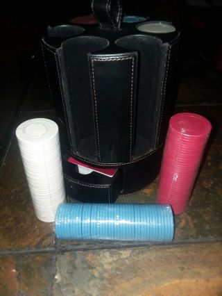 CRATE & BARREL POKER SET in a LEATHER & WOOD CARASEL,  CLAY CHIPS/CARDS 2