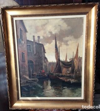 Antique Oil Painting On Canvas " Landscape Of Venice " End Of 1800 Circa