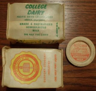 3 Vintage Dairy Milk Cartons & Cap Pacific Union College Sda School Angwin Ca.