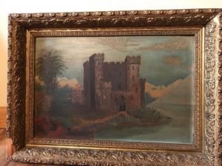 19th Century Oil Painting European Castle By R.  M.  Naville? Devoe Painting Board