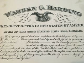 President Warren Harding hand signed Presidential appointment dated 10/02/1922 7