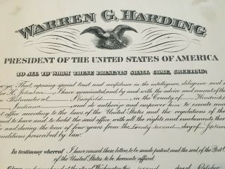 President Warren Harding hand signed Presidential appointment dated 10/02/1922 8